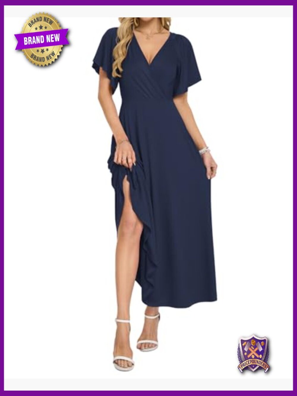 Maxi Wrap Dress Ruffle Sleeve Deep V Neck Long Flowy Formal - Picture 2 of 7